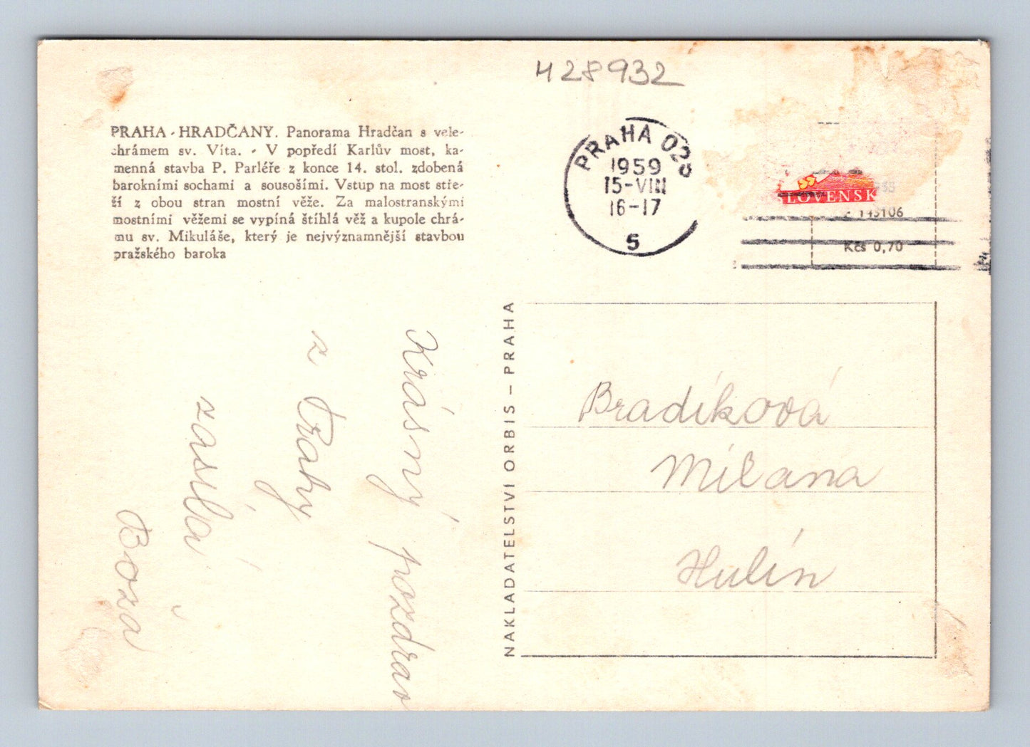 Pohlednice Praha Hradčany Karlův most 1959 (M28932)