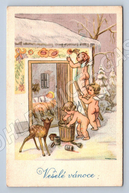 Postcard angels and deer handmade greetings (M2897)