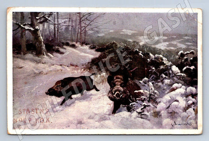 Postcard J Švabinský Wild boars in the snow 1914 (M2900)