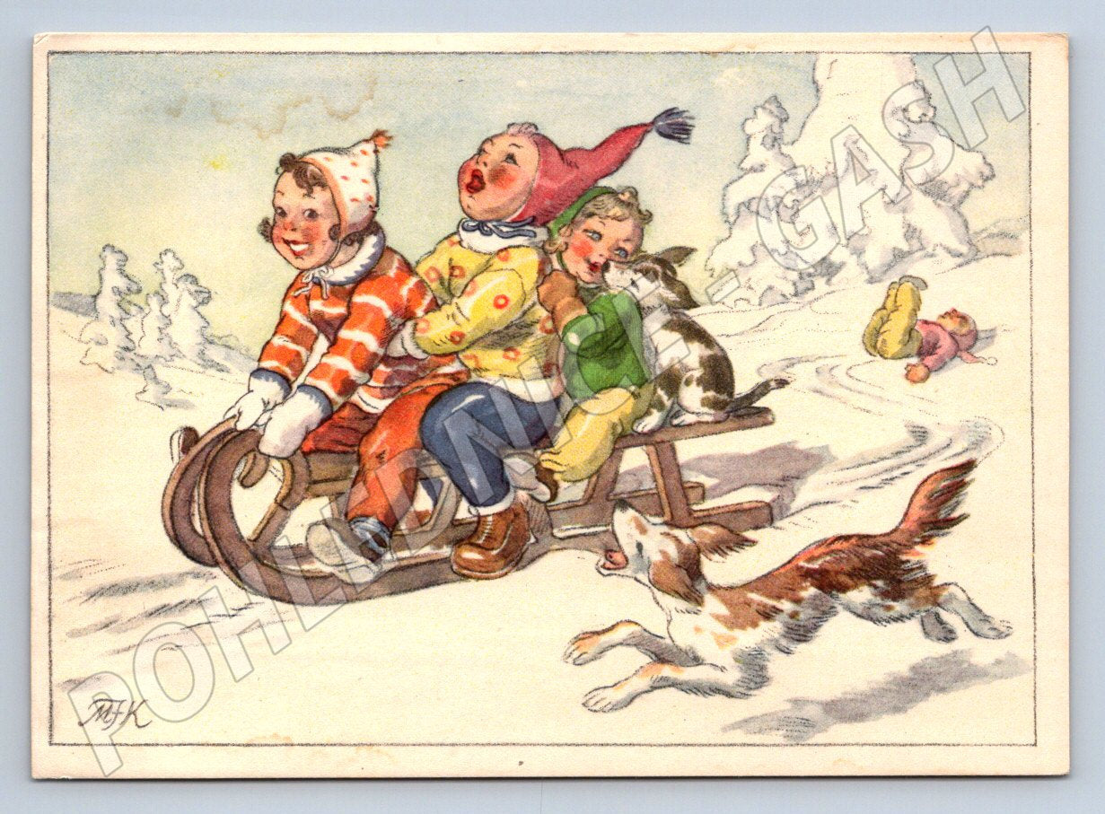 Postcard of children's fun on a sleigh, folk (M2901)