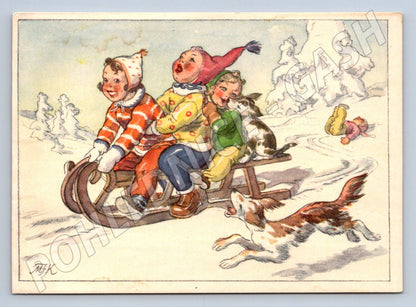 Postcard of children's fun on a sleigh, folk (M2901)