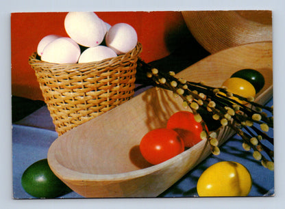 Pohlednice Velikonoce vajíčka košík kočičky 1977 (M29042)