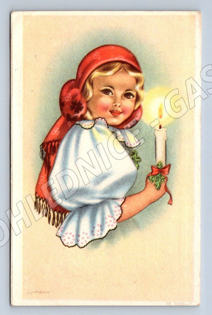 Postcard girl in folk costume with candle 1957 (M2905)