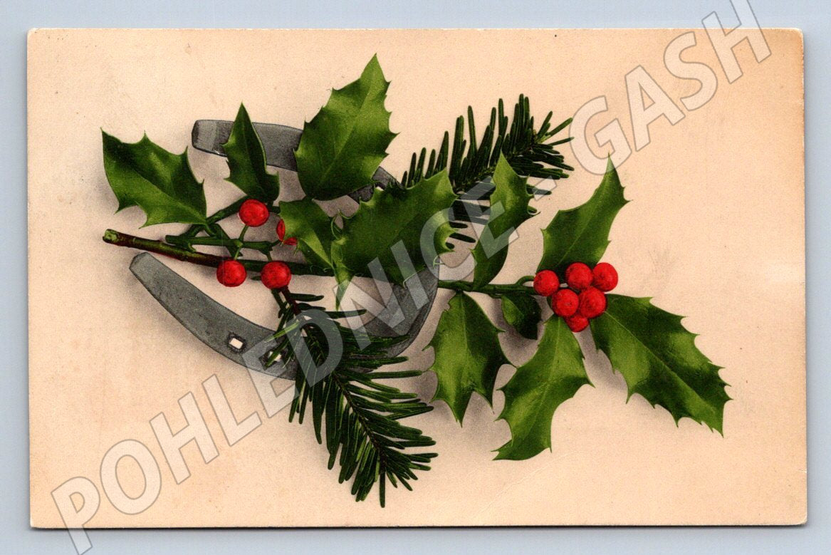 Postcard Holly and Horseshoe Christmas 1910 (M2906)
