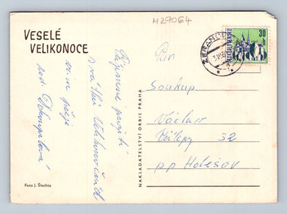 Pohlednice Velikonoce plyšový králík v přírodě 196x (M29064)