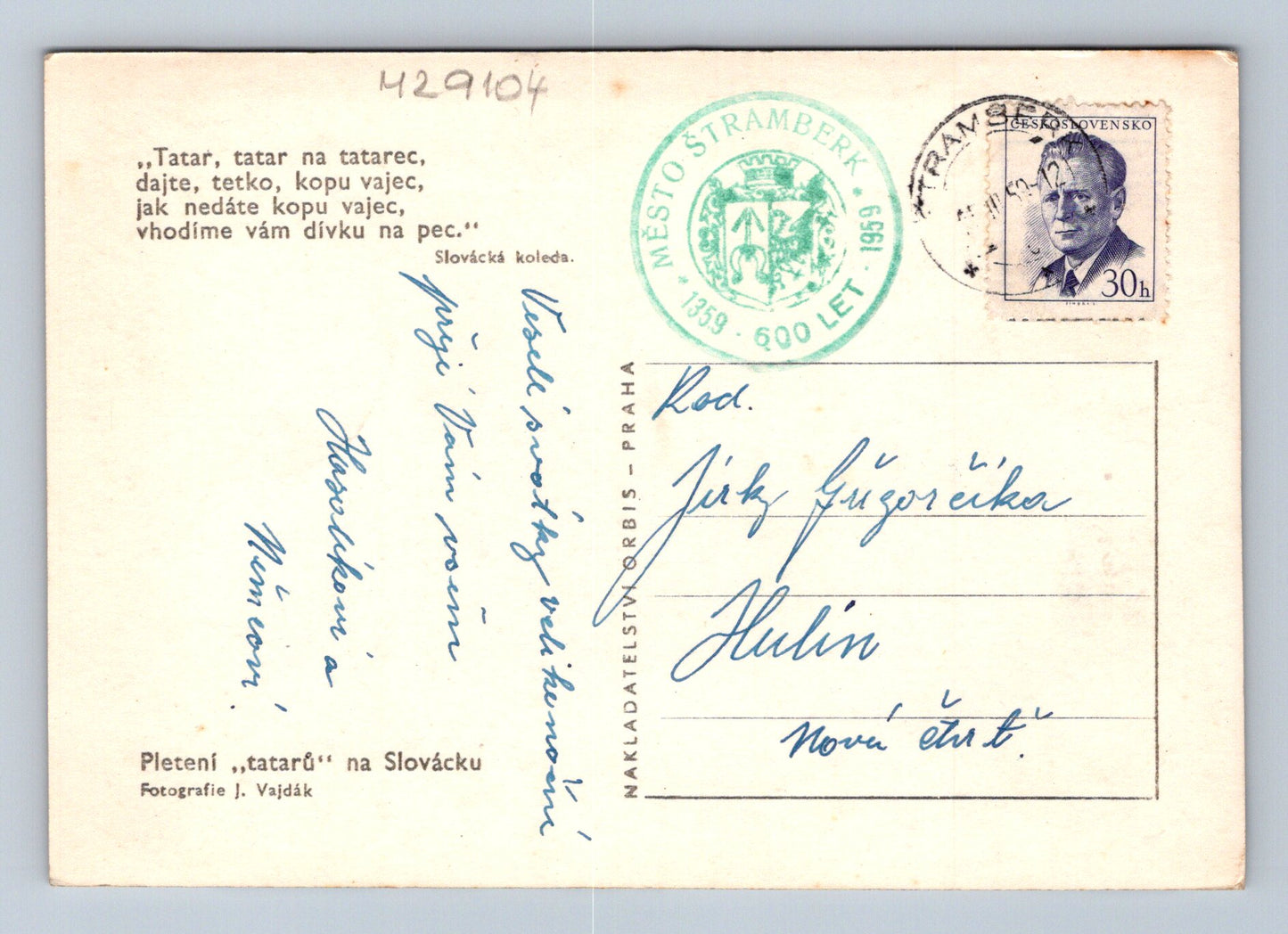 Pohlednice Slovácko pletení tatárů Veselé velikonoce 1959 (M29104)