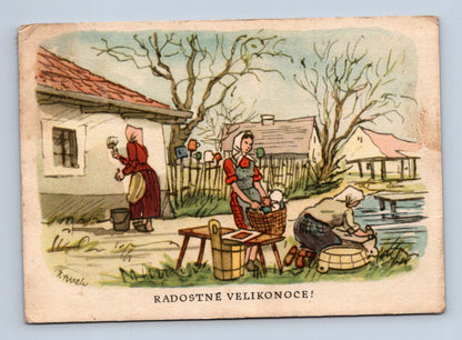 Pohlednice Velikonoce vesnický motiv 1957 (M29116)
