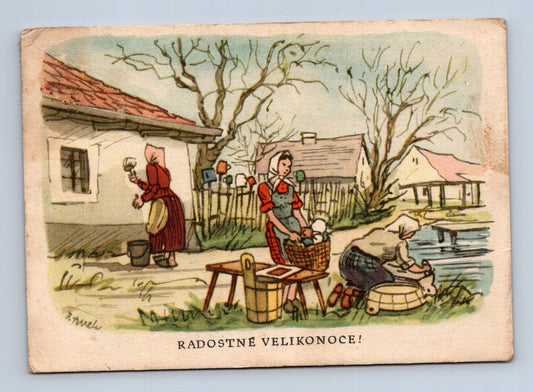 Pohlednice Velikonoce vesnický motiv 1957 (M29116)