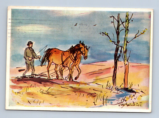 Pohlednice Vesele Velikonoce orba s koňmi 1970 (M29122)
