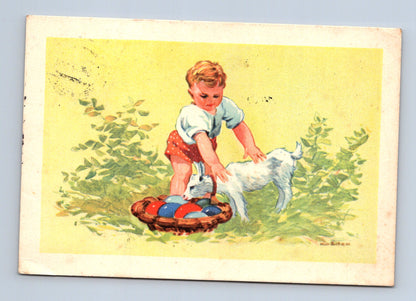 Pohlednice Velikonoce dítě s kozou a vajíčky 1946 (M29130)