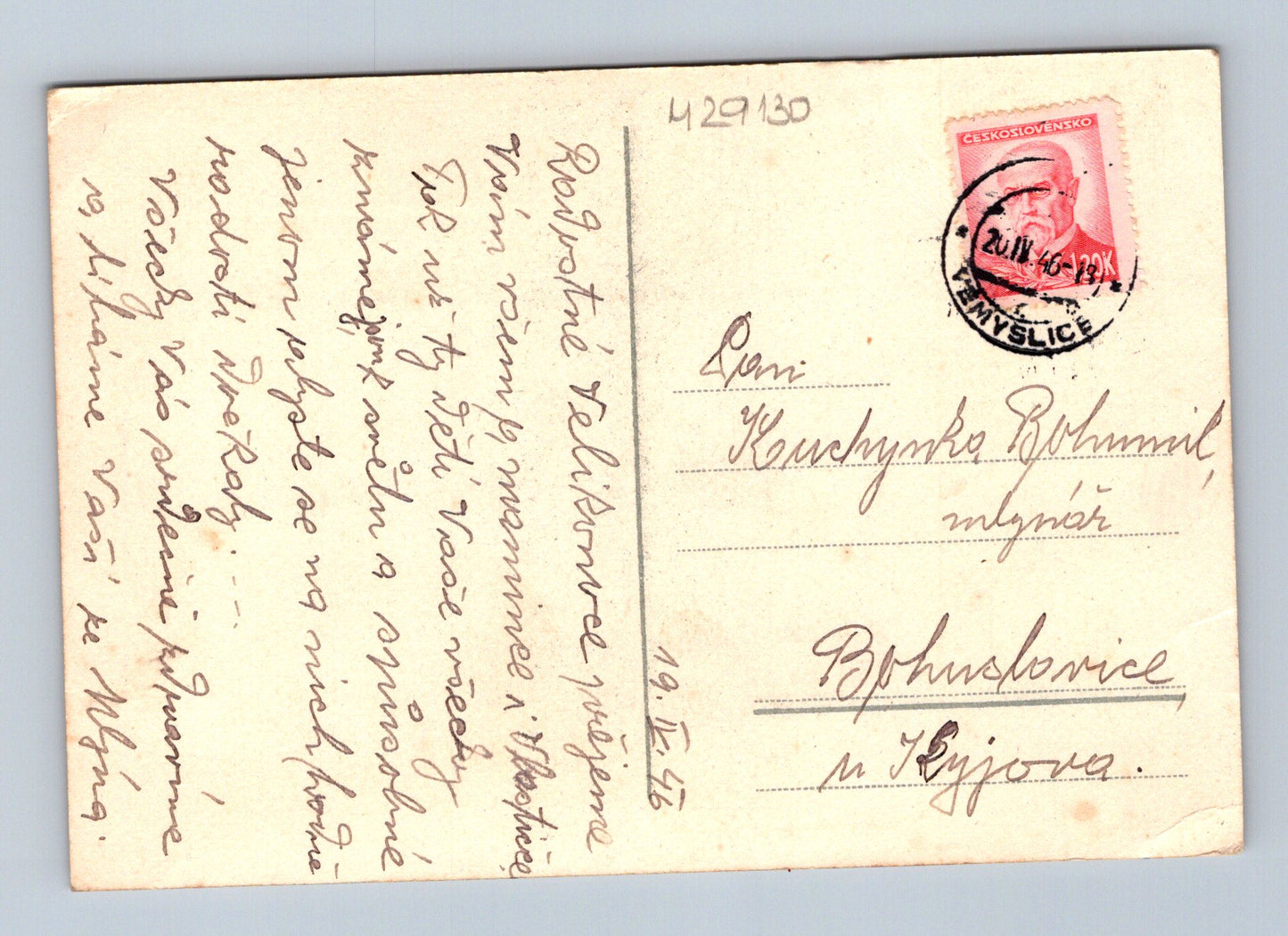 Pohlednice Velikonoce dítě s kozou a vajíčky 1946 (M29130)