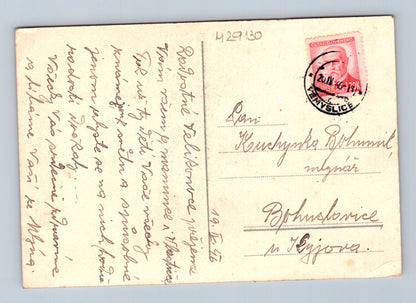 Pohlednice Velikonoce dítě s kozou a vajíčky 1946 (M29130)