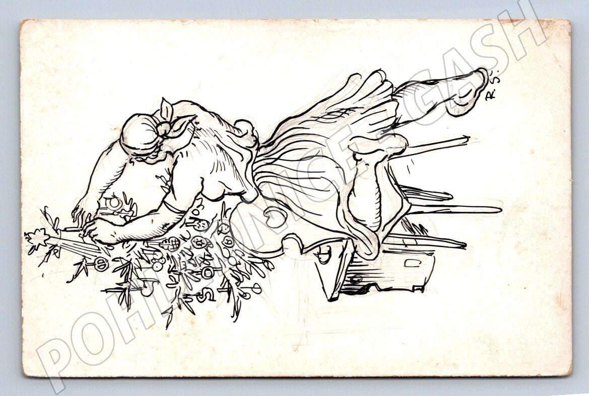 Postcard woman in traditional costume drawing RS ethnography (M2914)