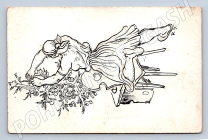 Postcard woman in traditional costume drawing RS ethnography (M2914)