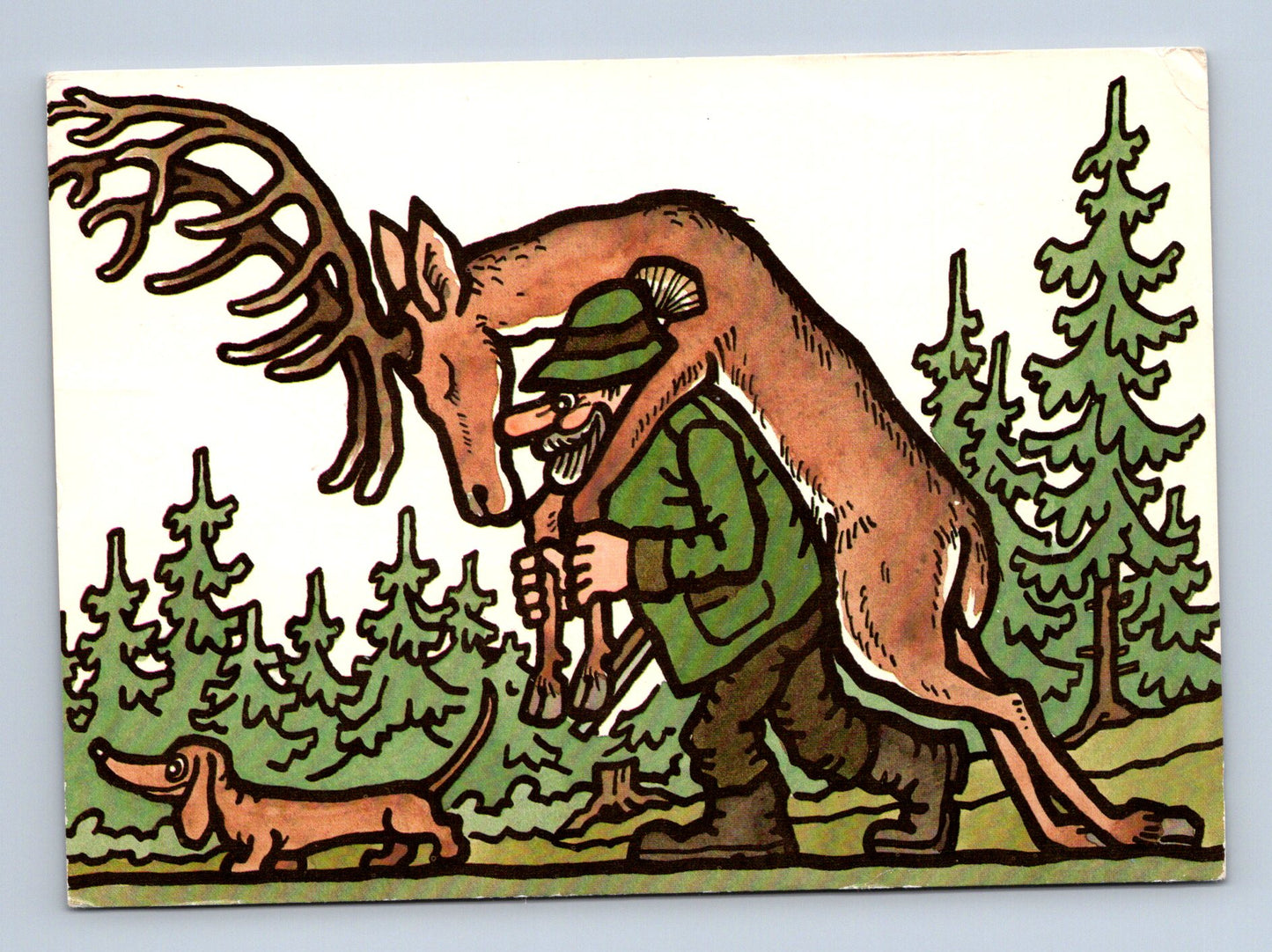 Pohlednice karikatura myslivce s jelenem a psem 1994 (M29172)
