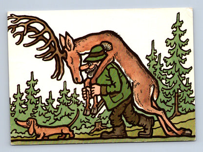 Pohlednice karikatura myslivce s jelenem a psem 1994 (M29172)