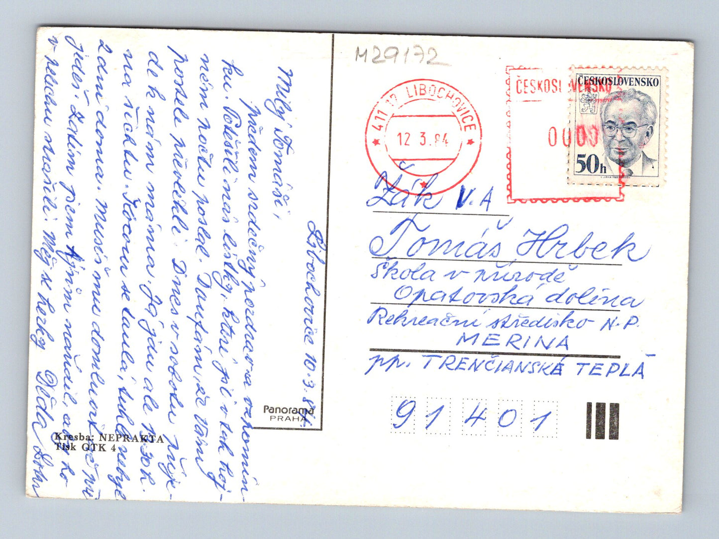 Pohlednice karikatura myslivce s jelenem a psem 1994 (M29172)