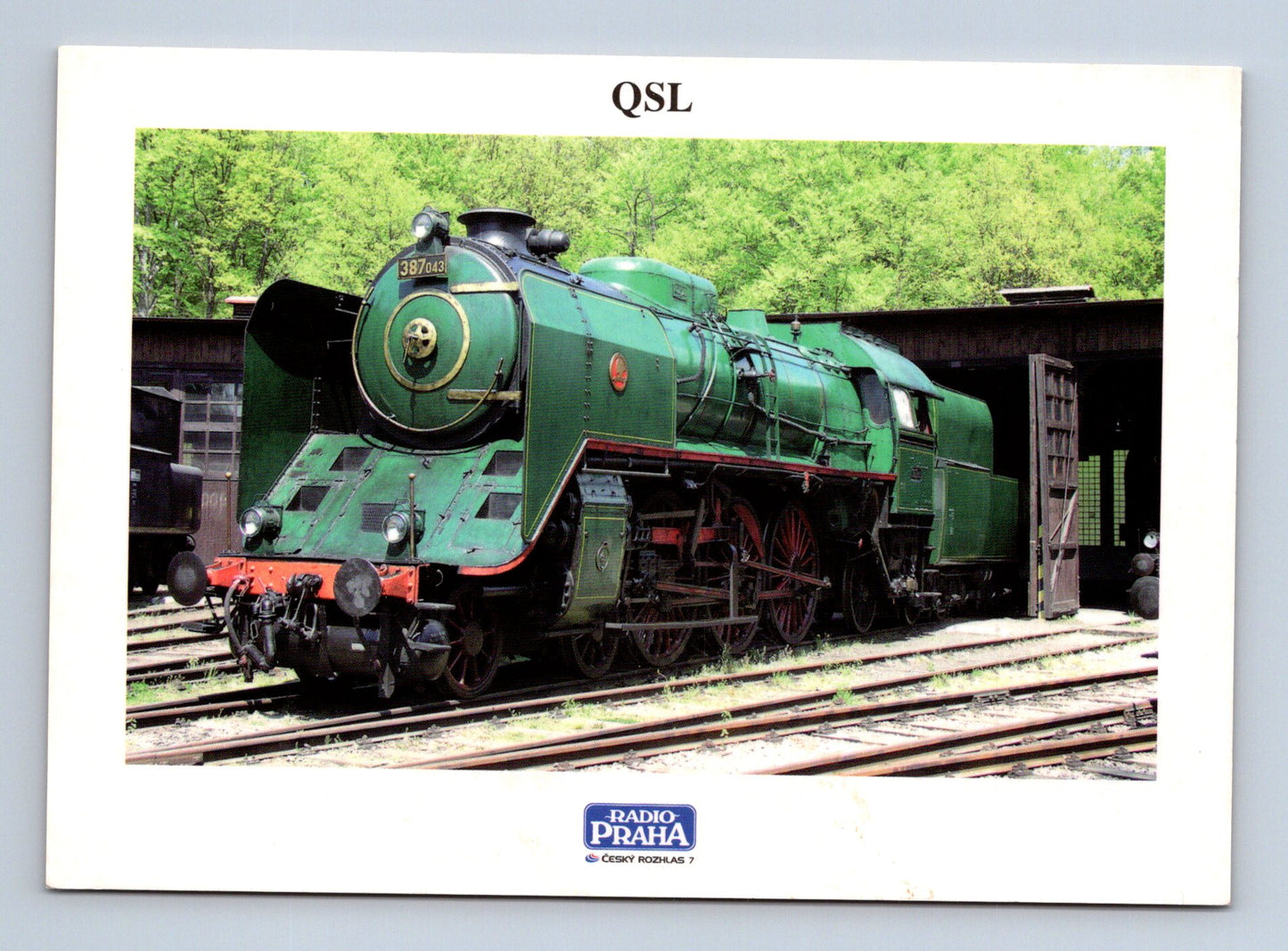 Pohlednice parní lokomotiva 387.043 Radio Praha QSL (M29232)