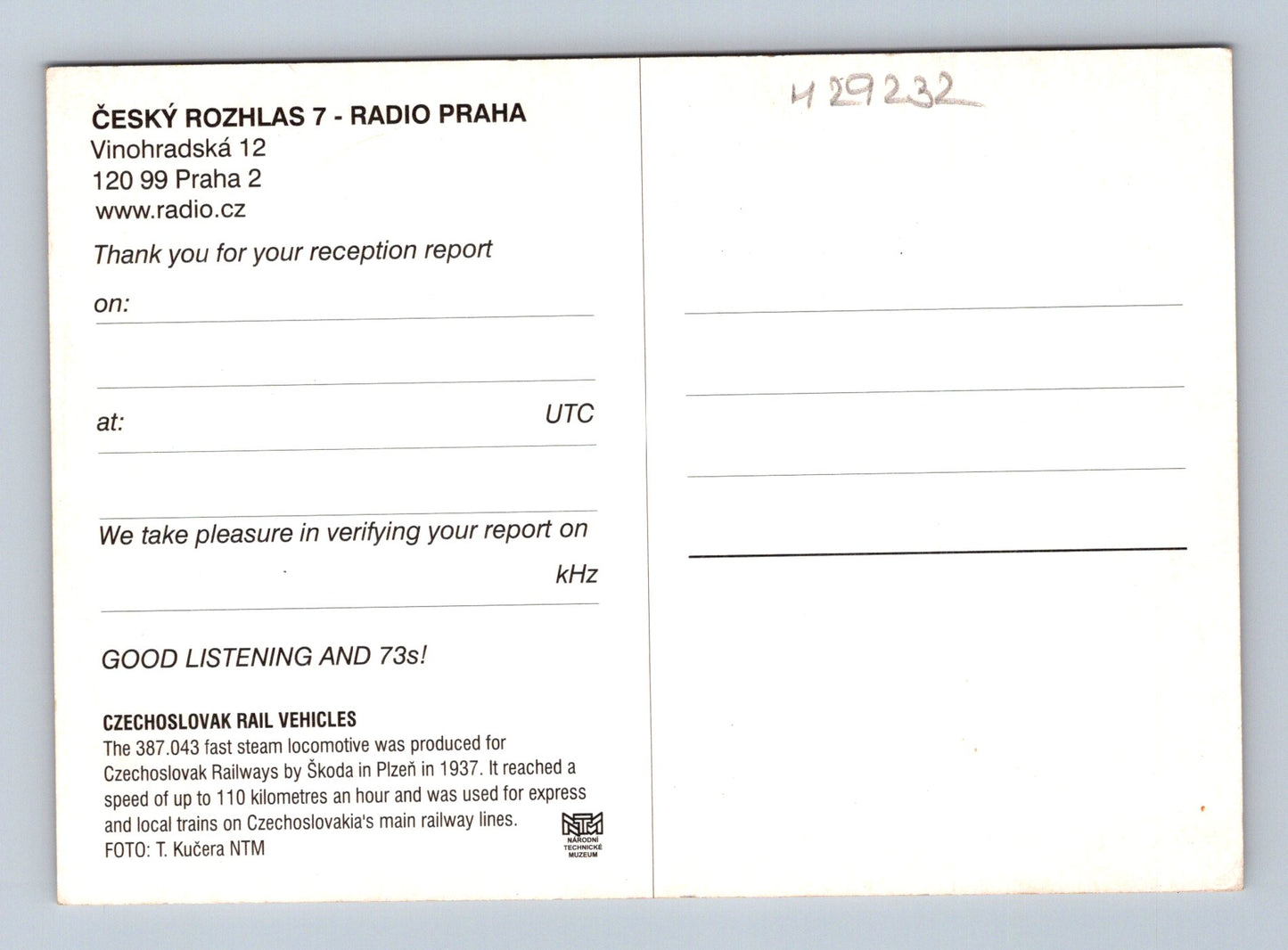 Pohlednice parní lokomotiva 387.043 Radio Praha QSL (M29232)