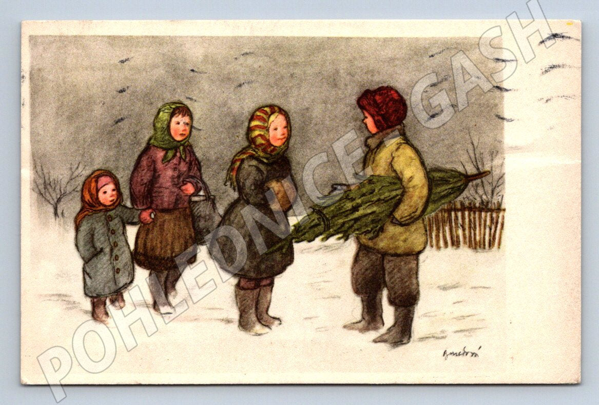 Postcard children and tree folk motif 1952 (M2925)