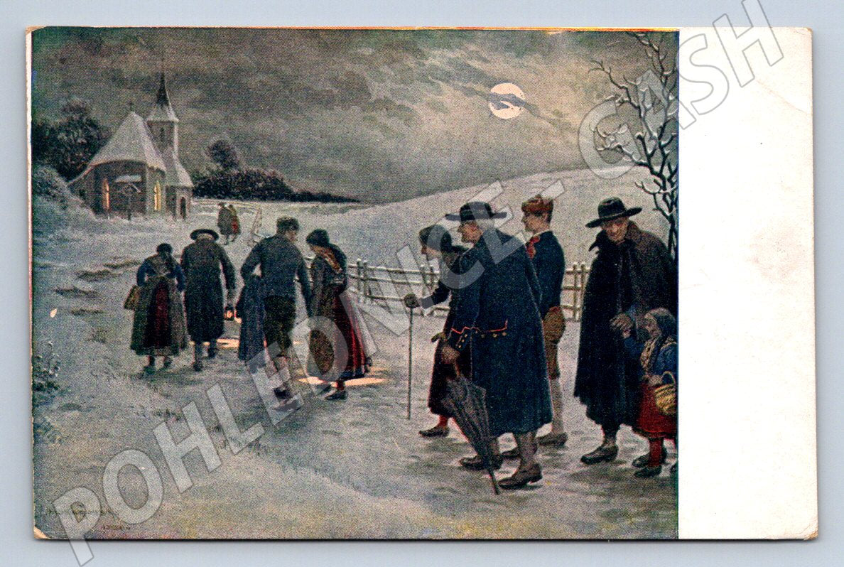 Postcard folk costumes winter landscape Christmas (M2928)