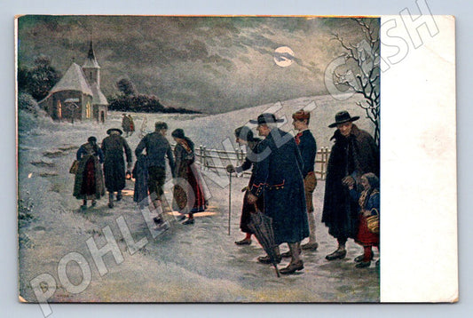 Postcard folk costumes winter landscape Christmas (M2928)