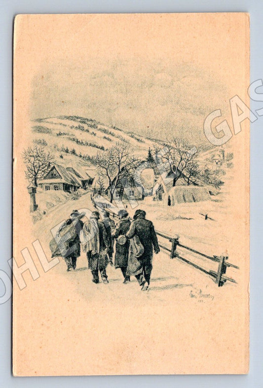 Postcard winter landscape and people ethnography (M2931)