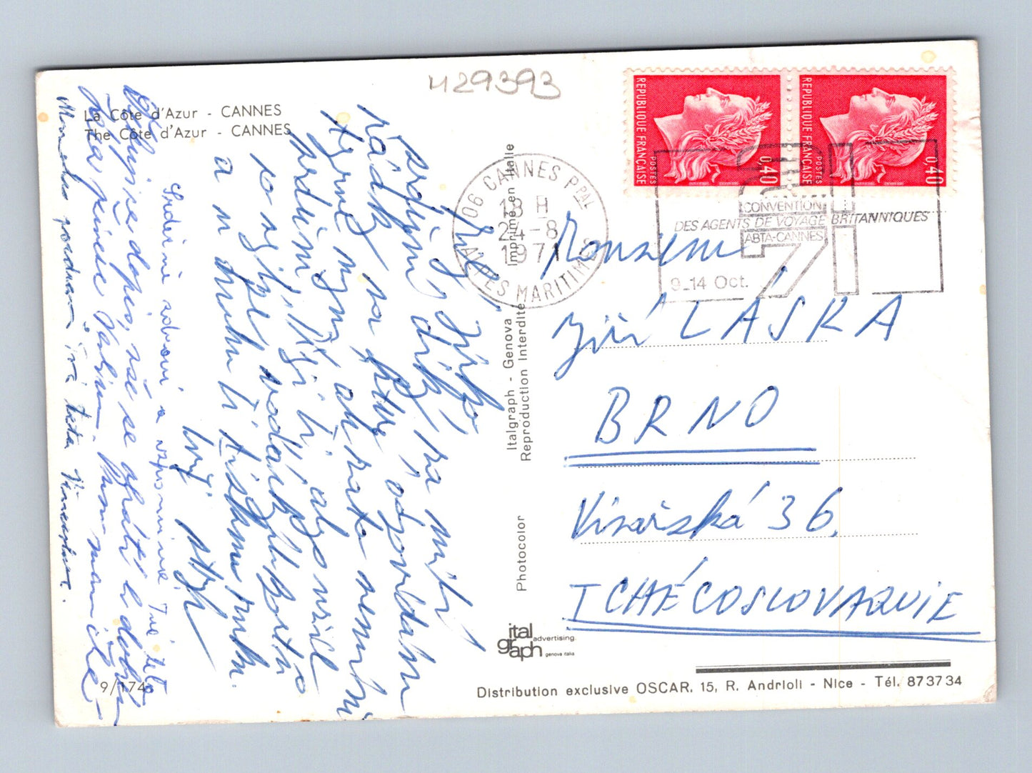 Pohlednice Francie Cannes, panorama pláží a města 1974 (M29393)