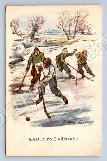 Postcard children at hockey Merry Christmas (M2942)
