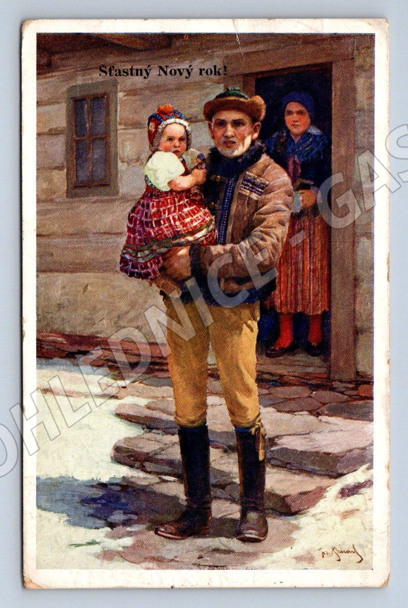 Postcard folk costume J Strnada Happy New Year 1918 (M2948)