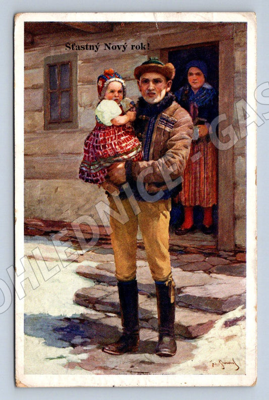 Postcard folk costume J Strnada Happy New Year 1918 (M2948)