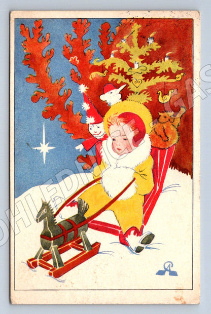 Postcard Santa Claus's sleigh Czechoslovakia 1932 (M2957)