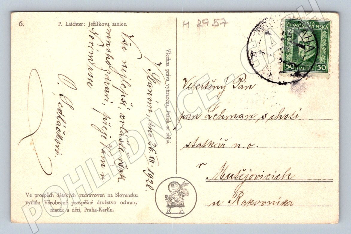 Postcard Santa Claus's sleigh Czechoslovakia 1932 (M2957)