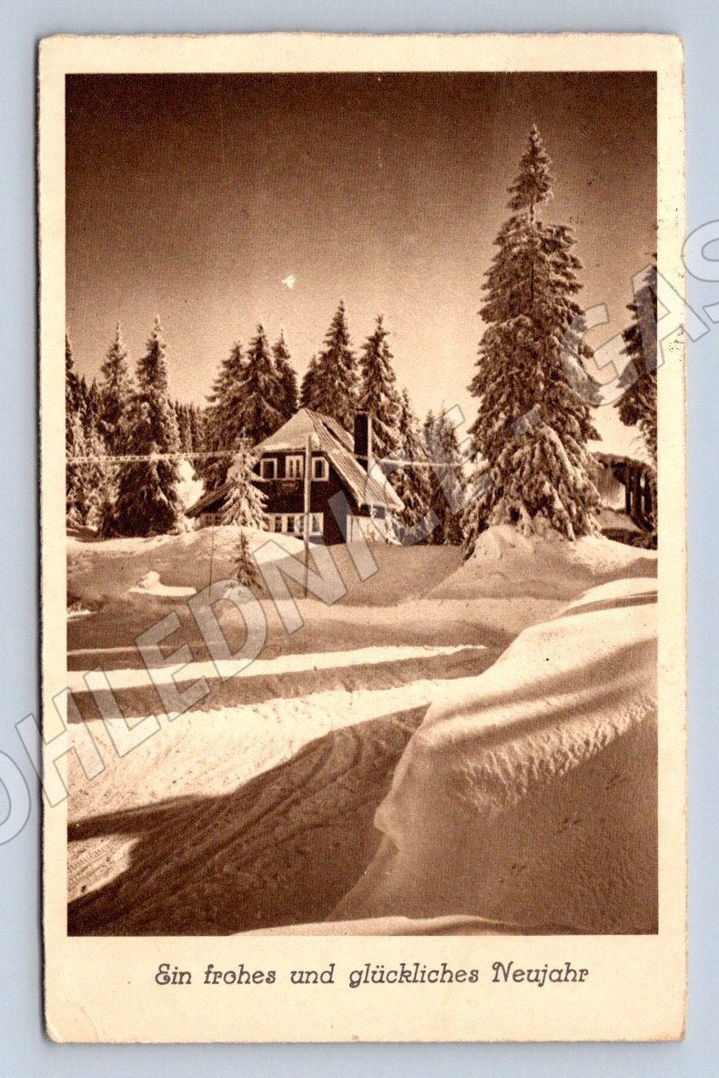 Postcard cottage snowy landscape 1940 (M2959)