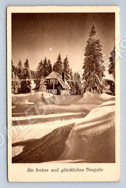 Postcard cottage snowy landscape 1940 (M2959)