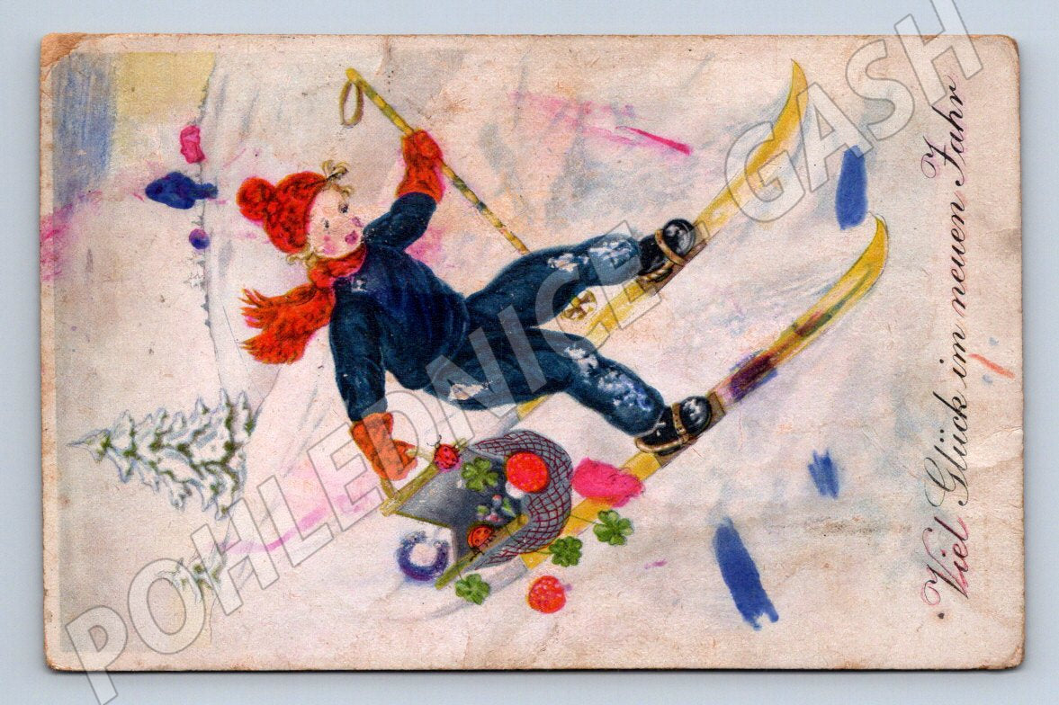 Postcard child on skis and sled with flowers (M2961)