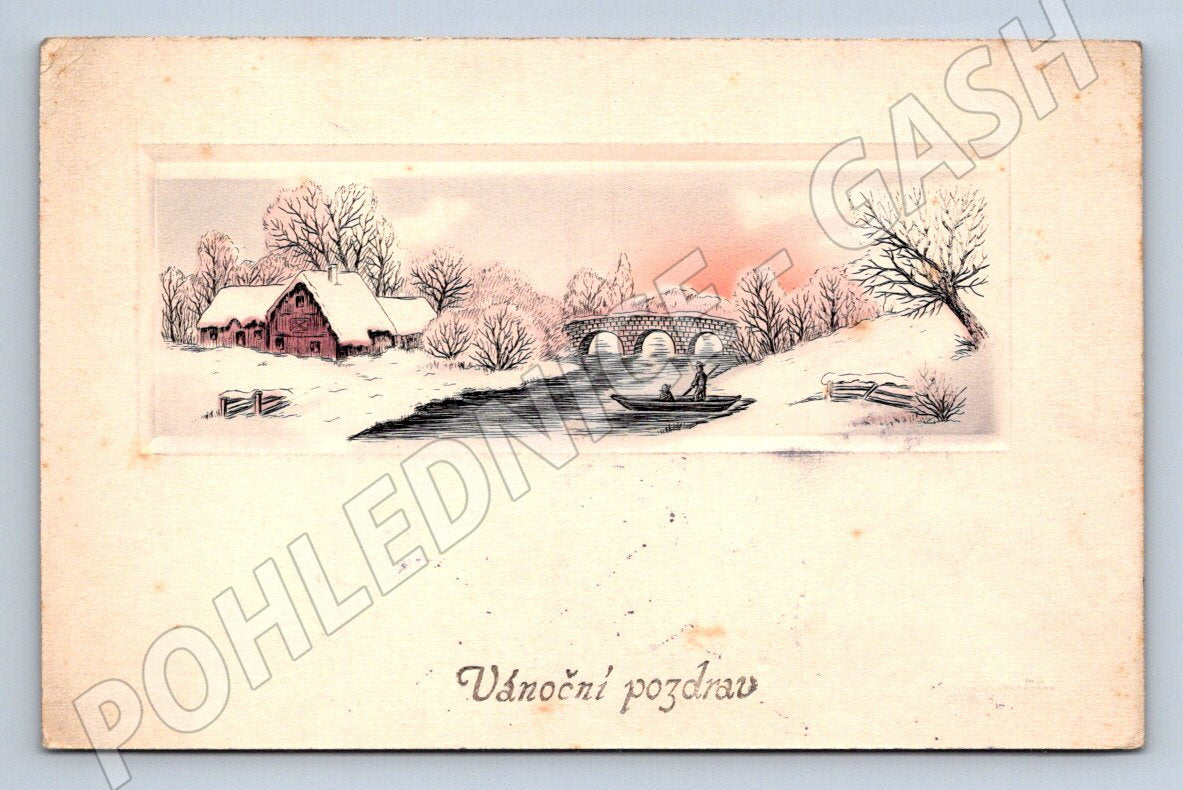 Postcard boat on the river Christmas greeting (M2966)