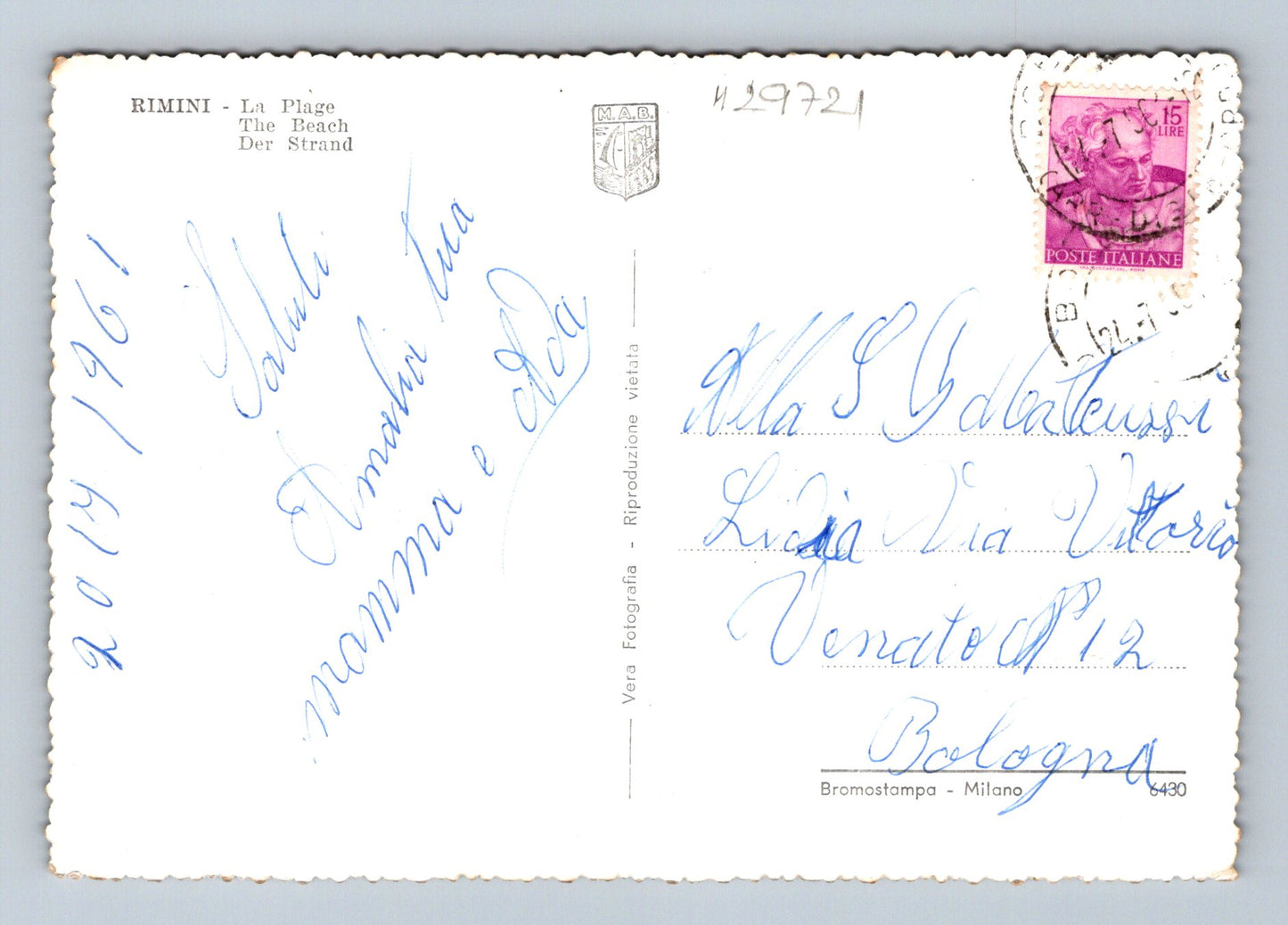 Pohlednice Itálie Rimini pláž 1961 (M29721)