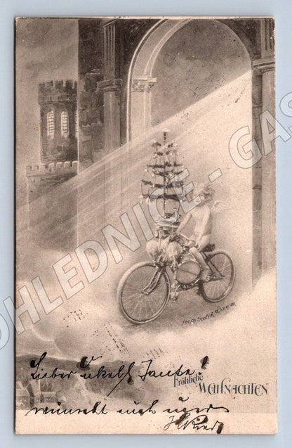 Postcard children on bicycles winter scene (M2973)
