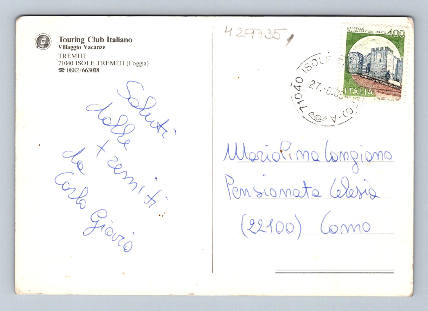 Pohlednice Itálie Tremiti kemping bungalovy 1981 (M29735)