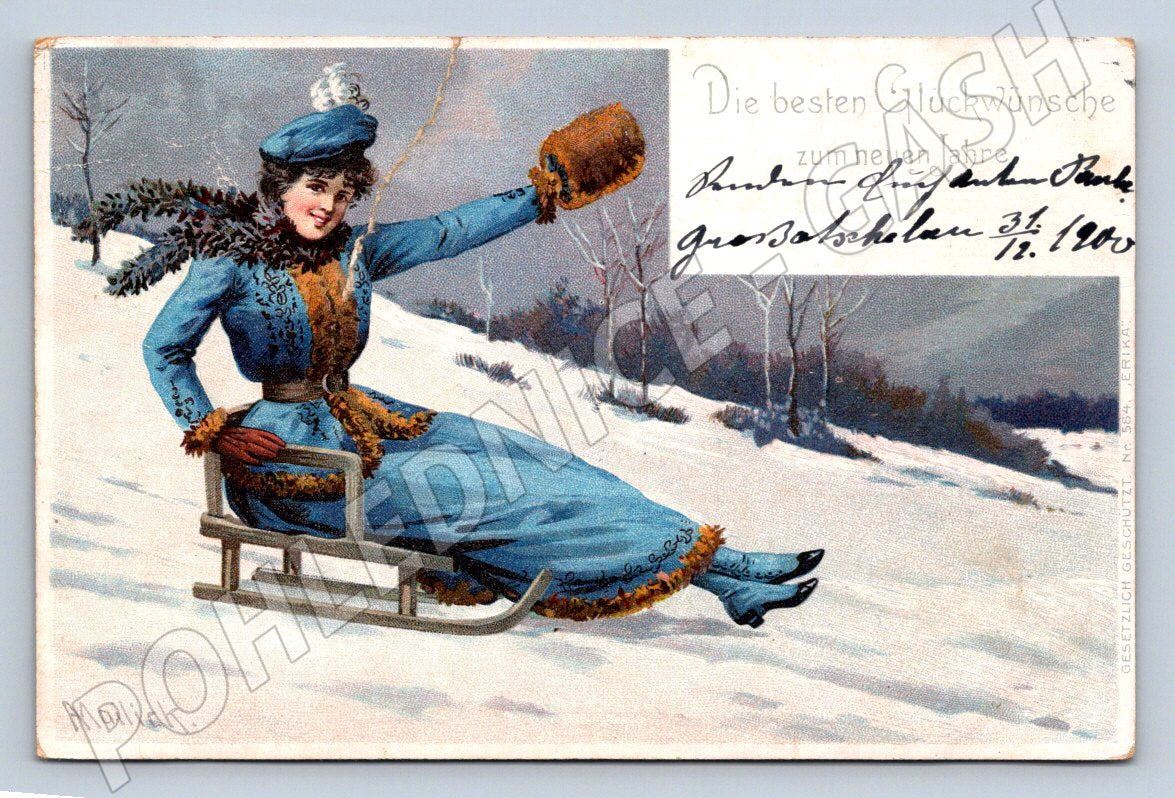 Postcard of a woman on a sleigh, winter scene, 1900 (M2977)