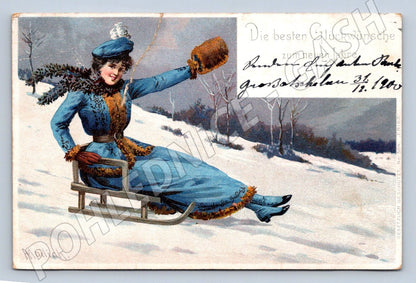 Postcard of a woman on a sleigh, winter scene, 1900 (M2977)
