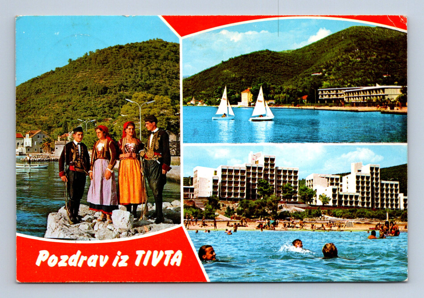 Pohlednice Jugoslávie Tivat záliv s kroji a hotely 1981 (M29787)