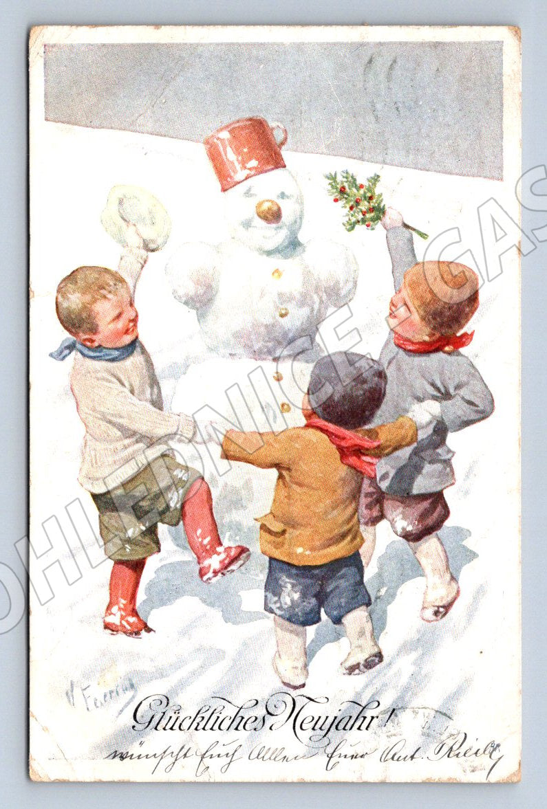 Postcard children and a snowman 1913 (M2979)