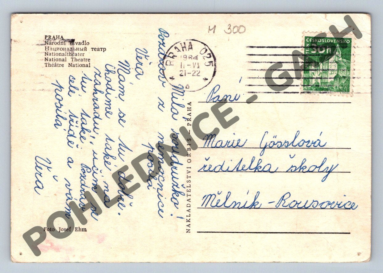 Pohlednice Praha Národní divadlo 1947 použitá (M300)