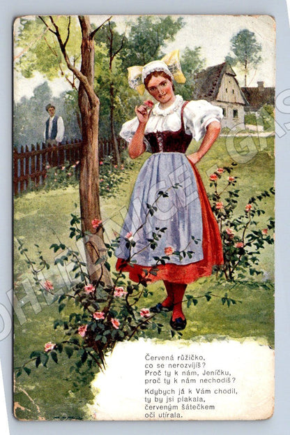 Postcard girl in folk costume with roses (M3019)