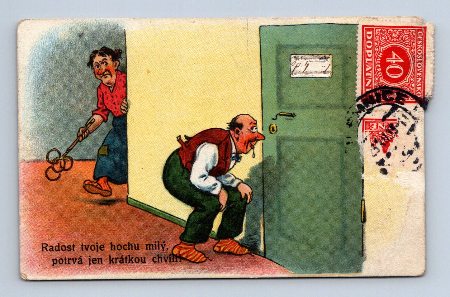 Pohlednice humor manželská scéna Hleštice 1933 (M30234)