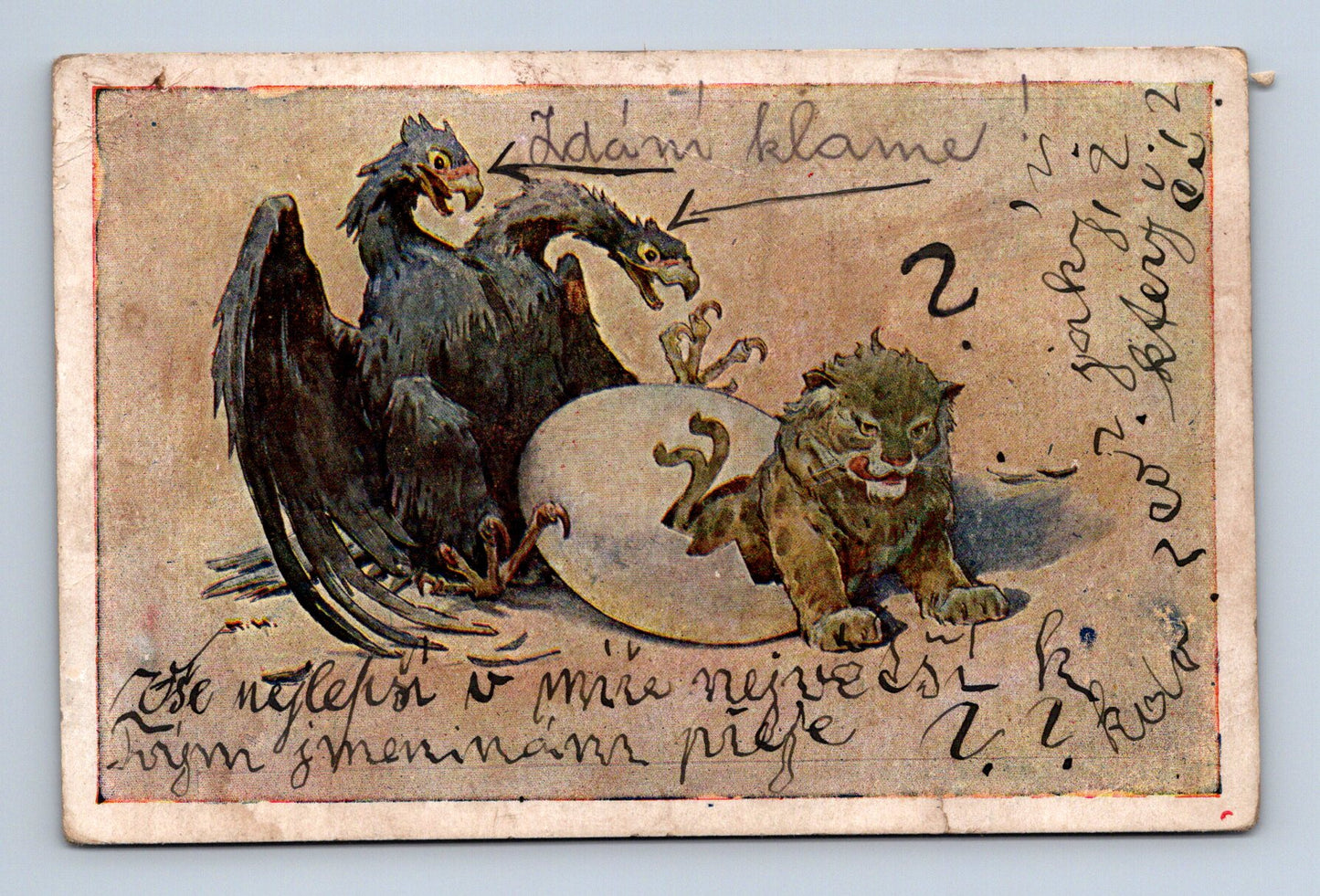 Pohlednice humorný motiv drak, lev a vejce 1923 (M30256)