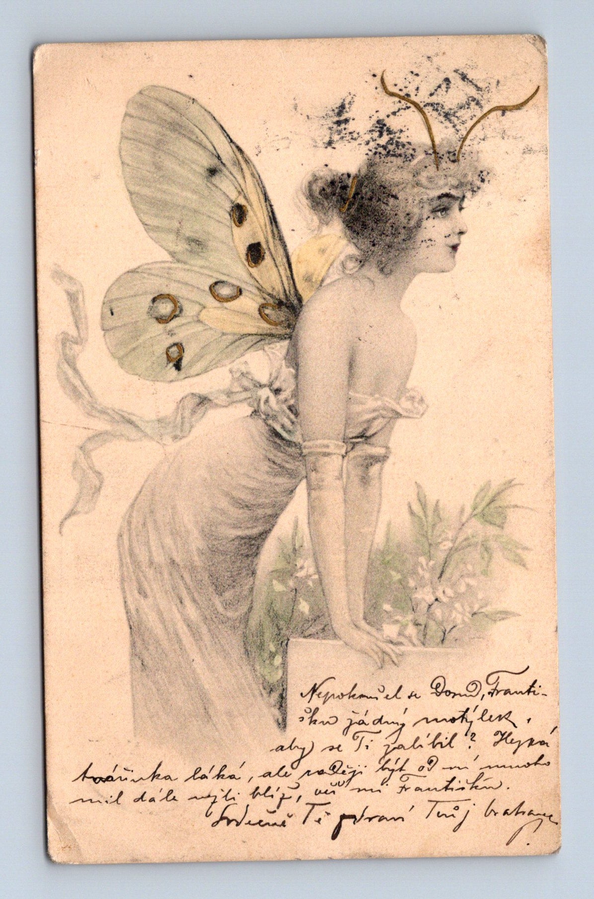 Pohlednice secesní žena motýlí křídla 1907 (M30257)