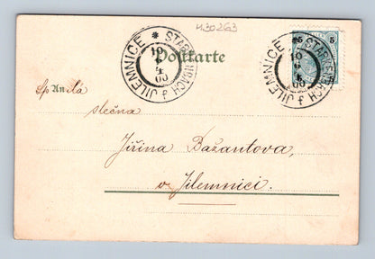 Pohlednice Jilemnice humorný motiv ženy s kočkou 1900 (M30263)